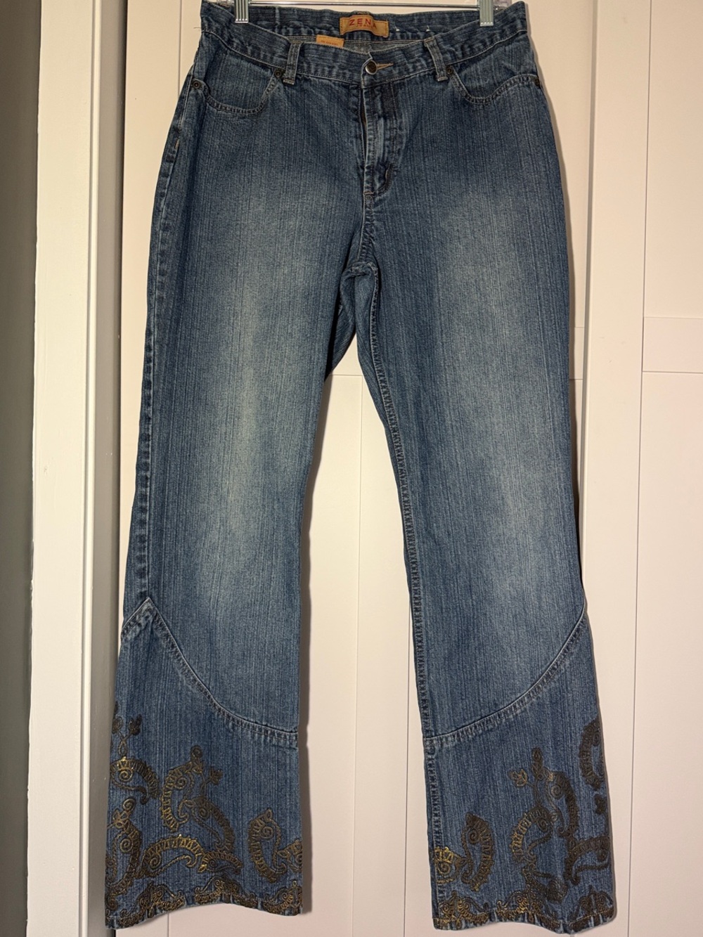 Zena Blue Denim Flare Jeans with Gold Embroidery
